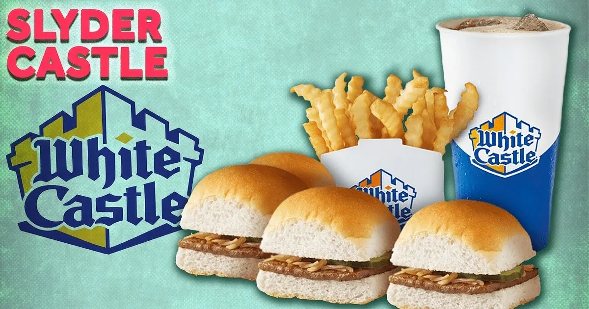 A White Castle sign with a castle design on a brick building.