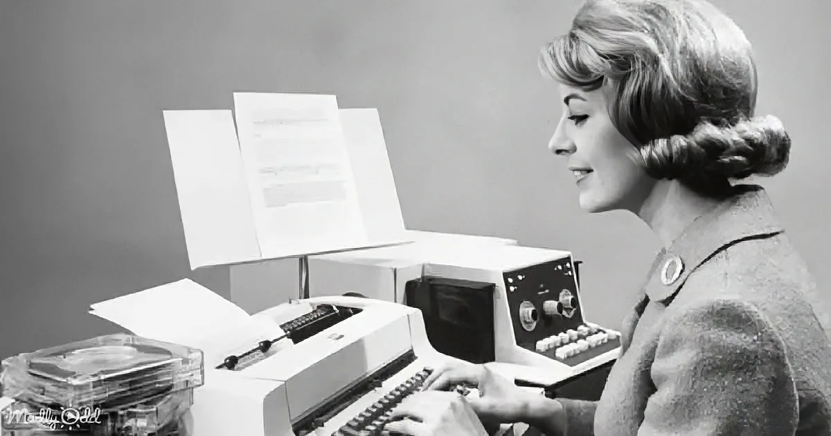 A woman types on a vintage computer terminal with a paper feed and control panel.