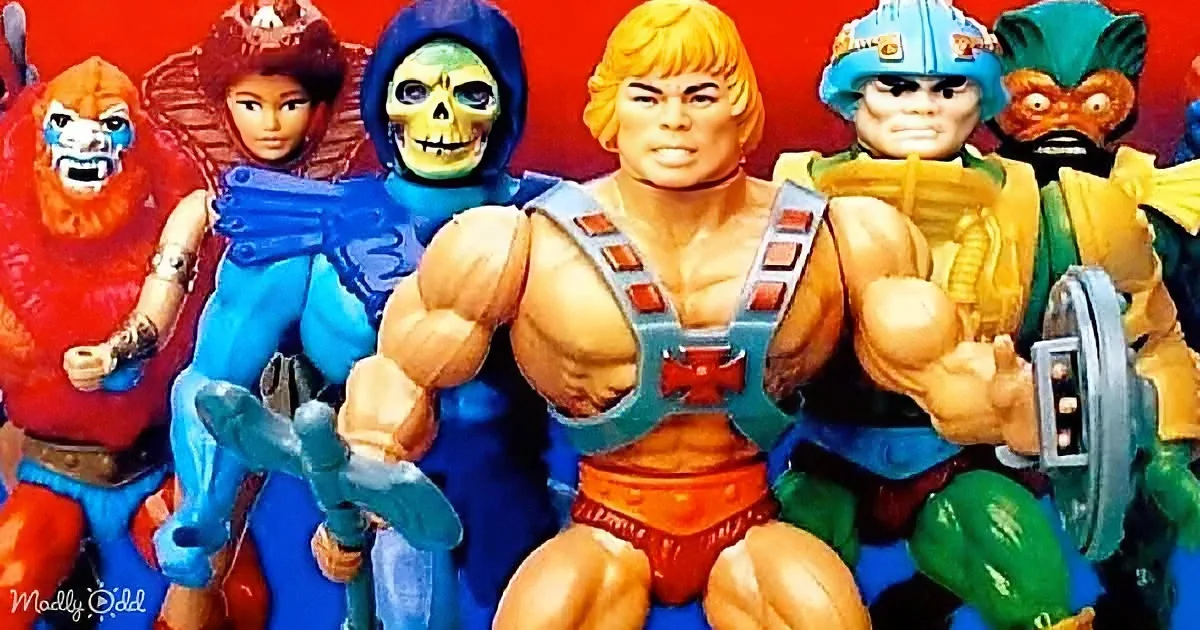 A group of colorful action figures, including a muscular man in a blue outfit and a skeleton, stand together against a...