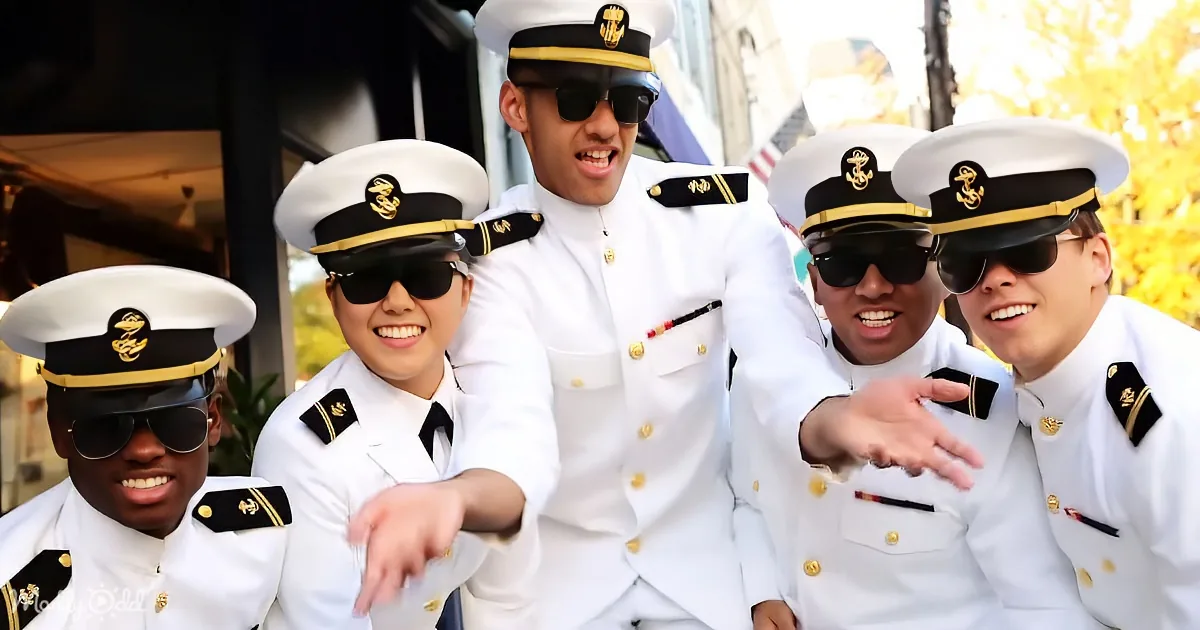 A group of five young men in white naval uniforms and sunglasses pose together, smiling and pointing.