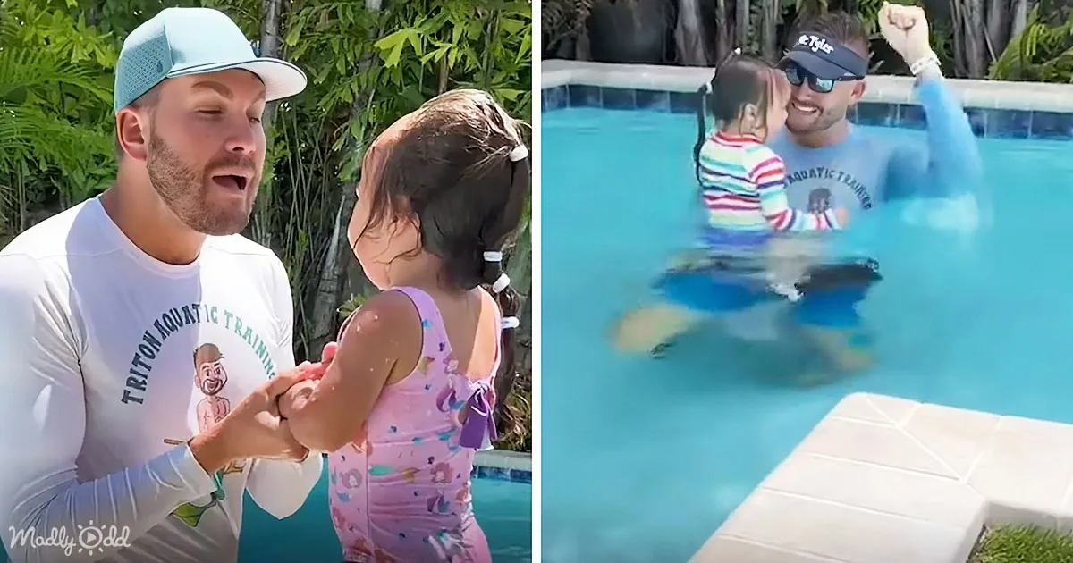 A man in a white shirt and cap helps a child in a pink swimsuit in a pool, then celebrates with a fist pump.