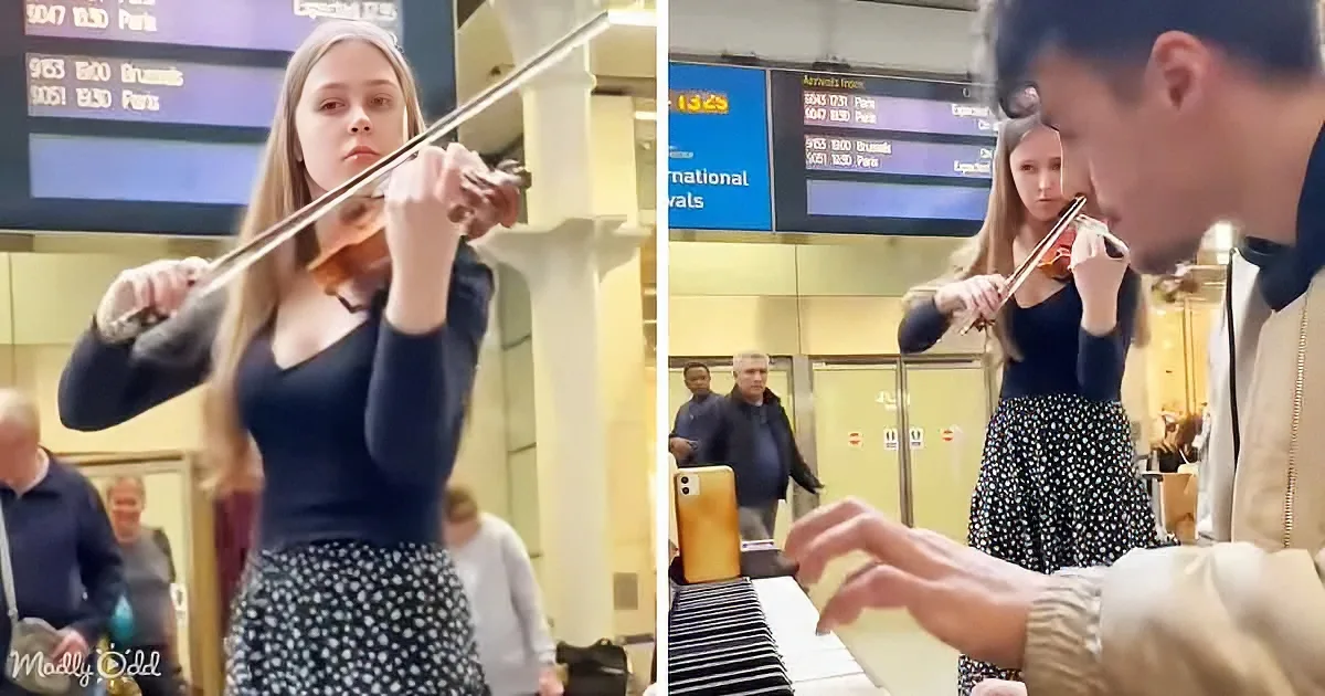 A woman plays violin in a bustling station, while a man plays piano, both captivating onlookers.