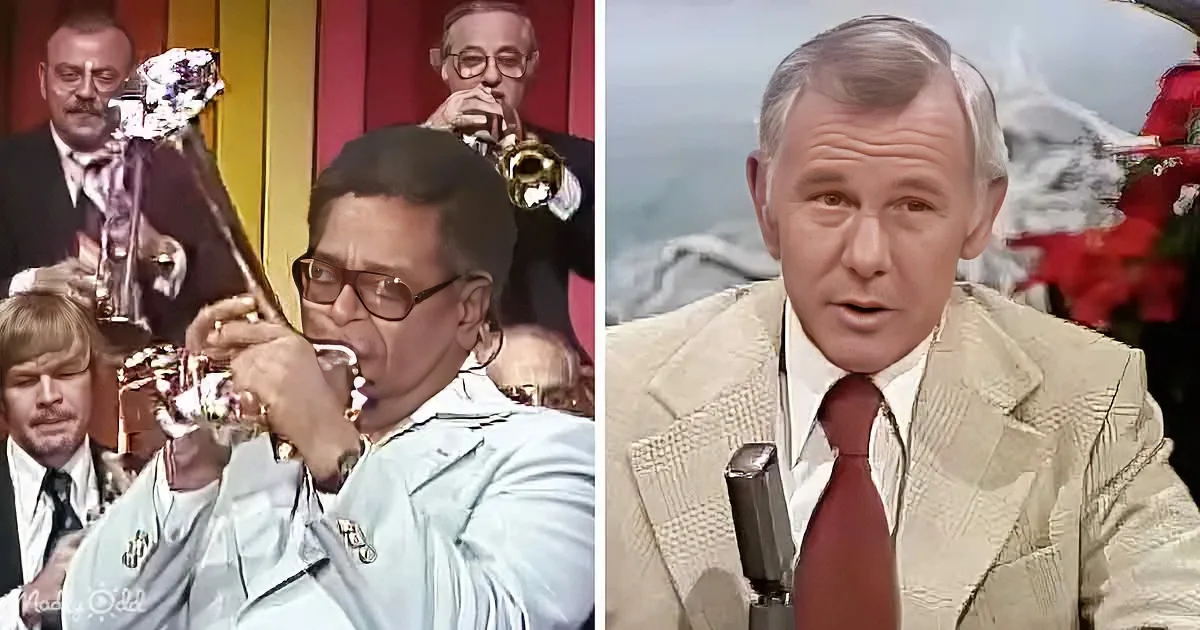 A man in a light blue suit plays trumpet, surrounded by other musicians, while another man in a beige suit speaks into a...