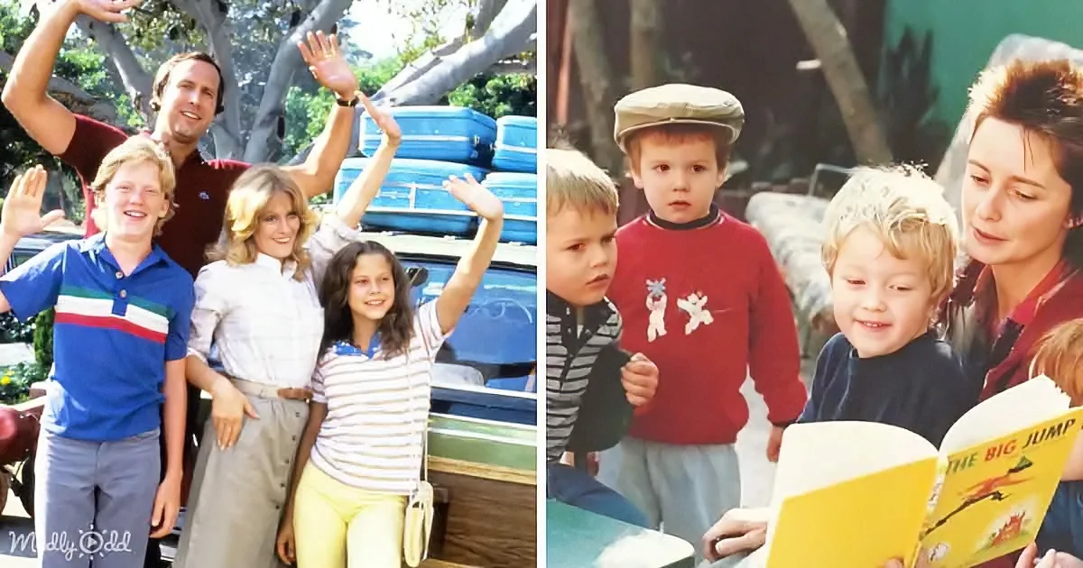 A family waves and smiles in a vintage photo, while another shows a child reading a book with adults nearby.