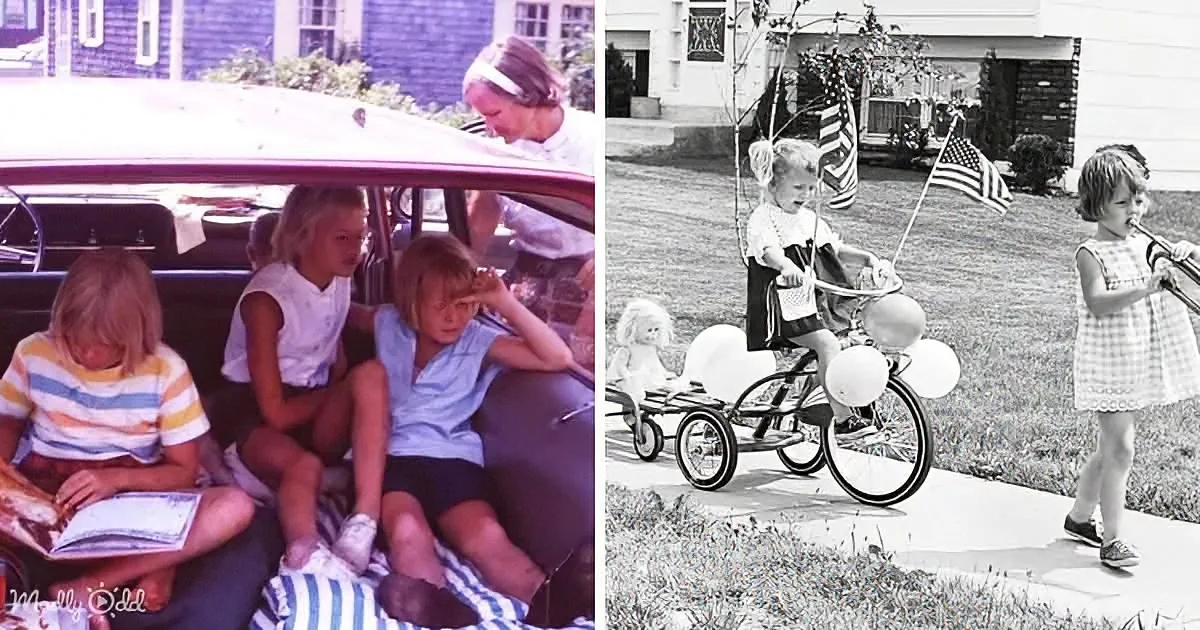Children play outdoors: one reads, another rides a tricycle with balloons, a third holds a flag.