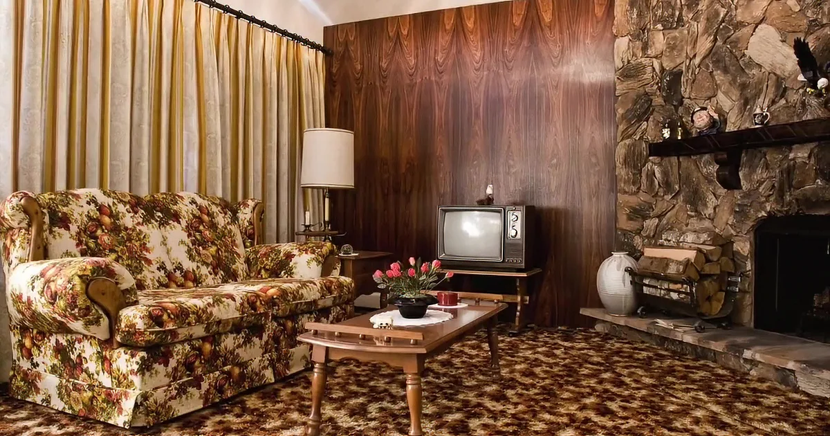 A vintage living room with a floral armchair, wooden paneling, and a yellow wingback chair.