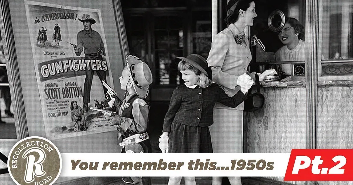 A woman teaches a girl to sew, while children admire a "Gunfighters" movie poster.