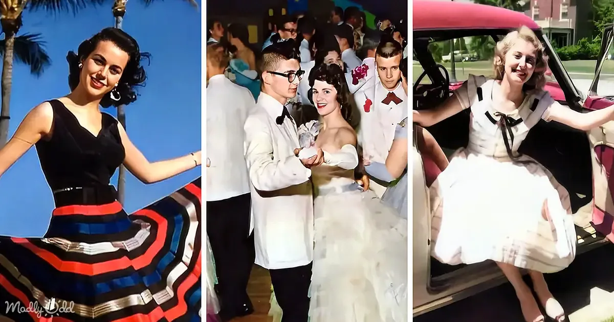 A woman in a colorful dress smiles in the first photo, while the second shows a couple in formal attire at a dance, and...