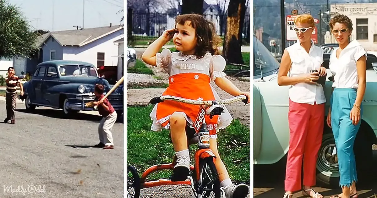 A young girl in an orange dress rides a tricycle, while two women in retro attire stand beside a car.