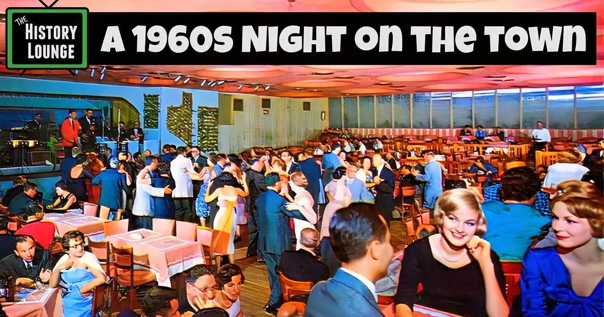 A lively 1950s-style restaurant scene with people dining, dancing, and socializing.