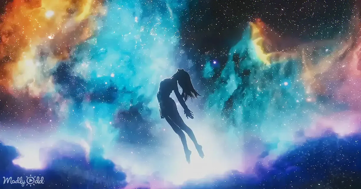 A silhouette of a person floating in a cosmic, star-filled sky with vibrant nebulae.