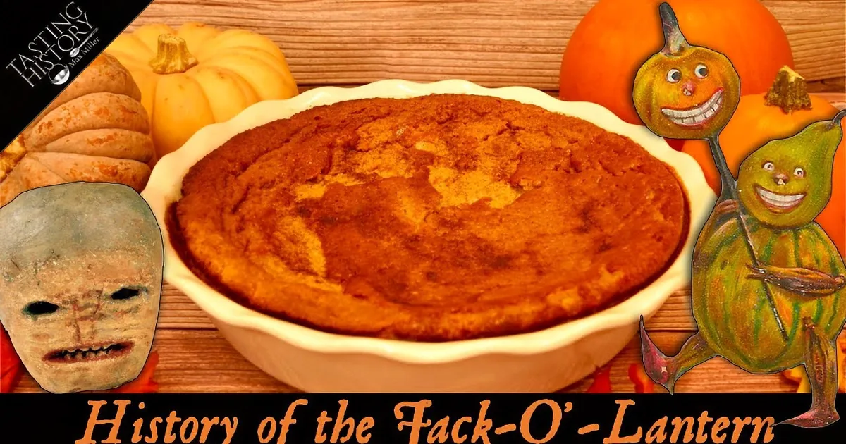 A freshly baked pumpkin pie in a white dish, surrounded by pumpkins and autumn leaves.