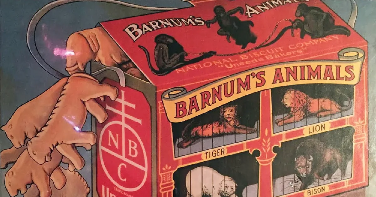 A vintage Barnum's Animals biscuit box with images of animals and hands holding a small elephant.