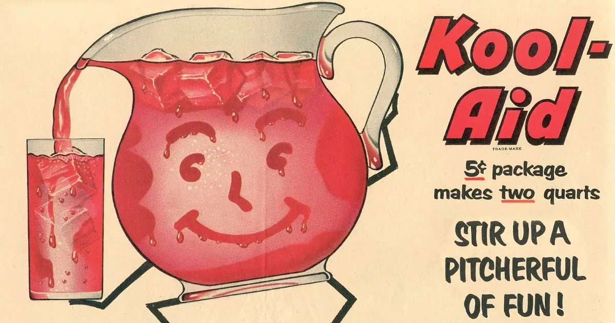 A pitcher of Kool-Aid with a smiling face, pouring into a glass, with children and a box of Kool-Aid in the background.