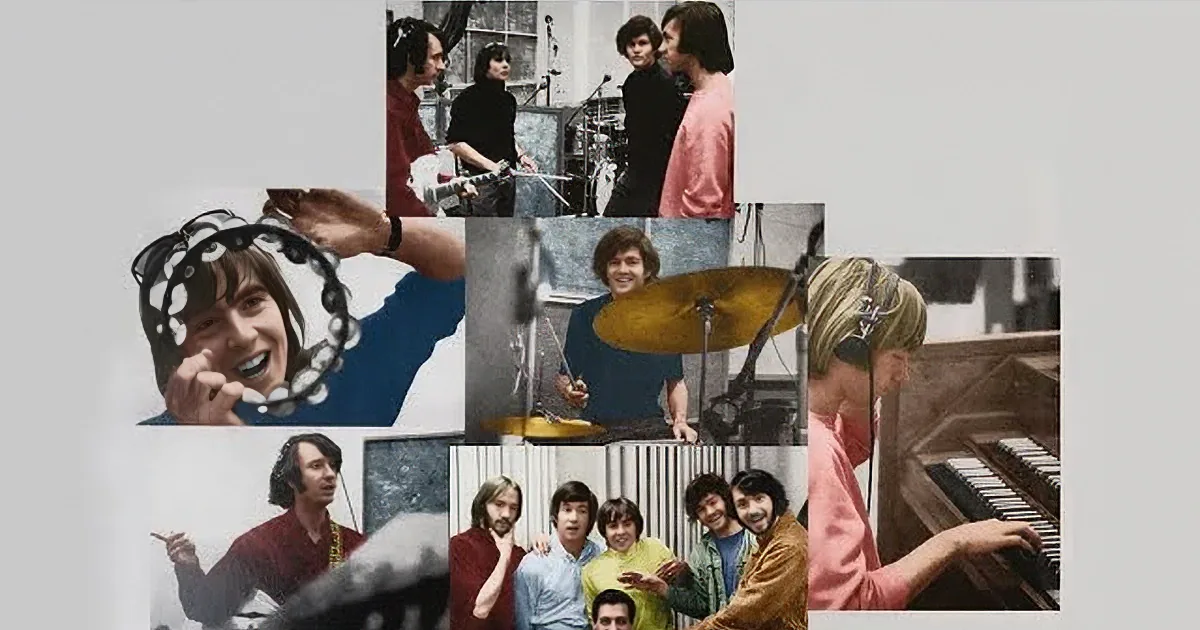 A collage of images featuring a band with various musical instruments and interactions.