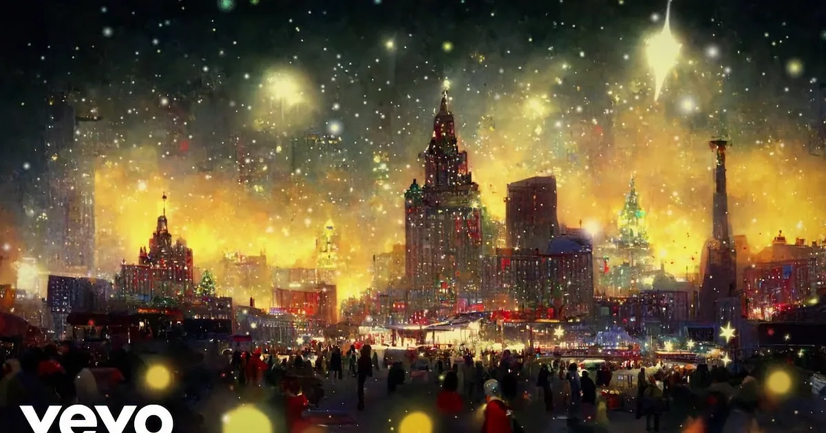 A bustling cityscape at night with illuminated buildings, festive lights, and a crowd of people enjoying the scene.