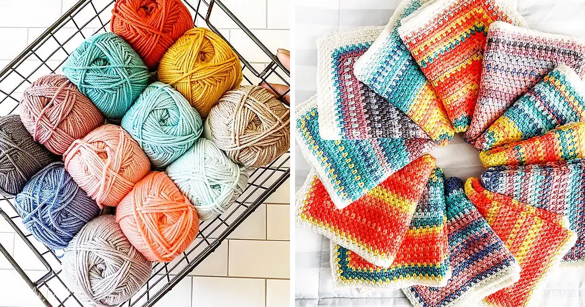 Colorful yarn balls and crocheted squares in vibrant patterns are displayed on a wire rack and a white surface.