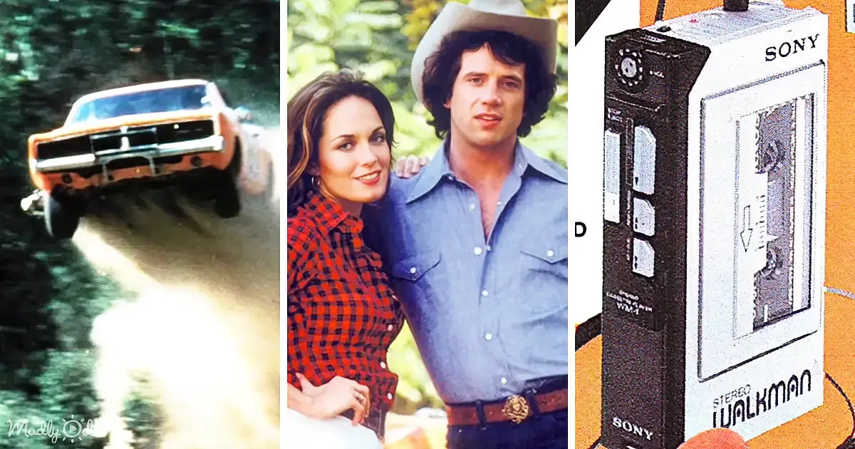 A vintage car leaps through the air, a couple poses in cowboy attire, and a Sony Walkman is shown.
