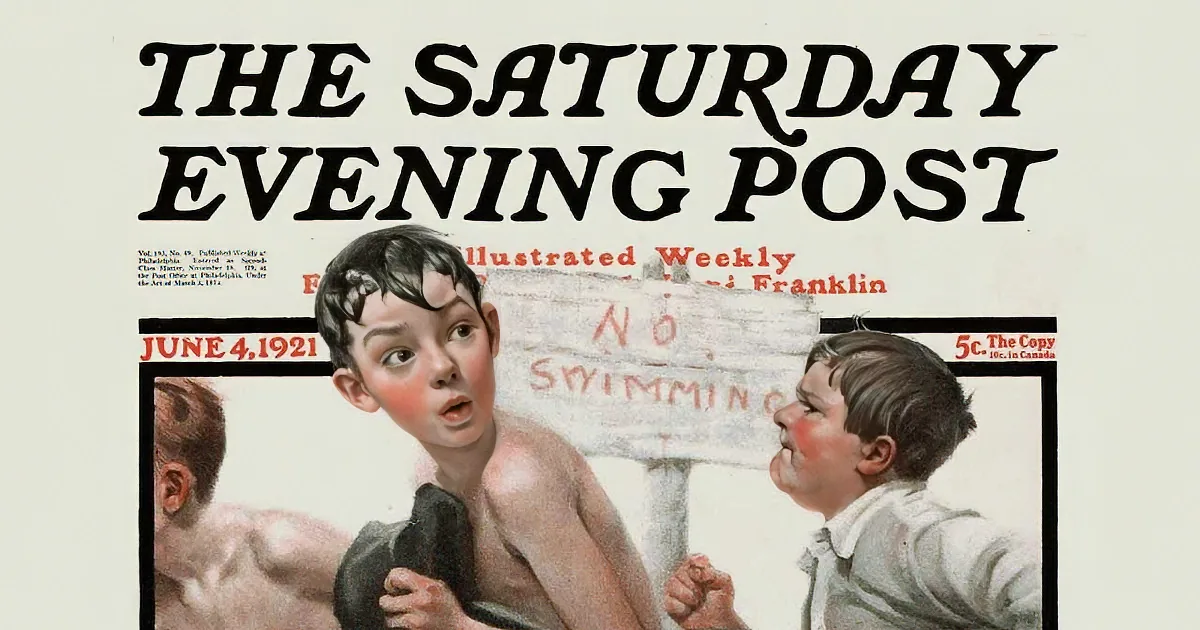 A boy in a swimsuit looks surprised as another boy points at a "No Swimming" sign.