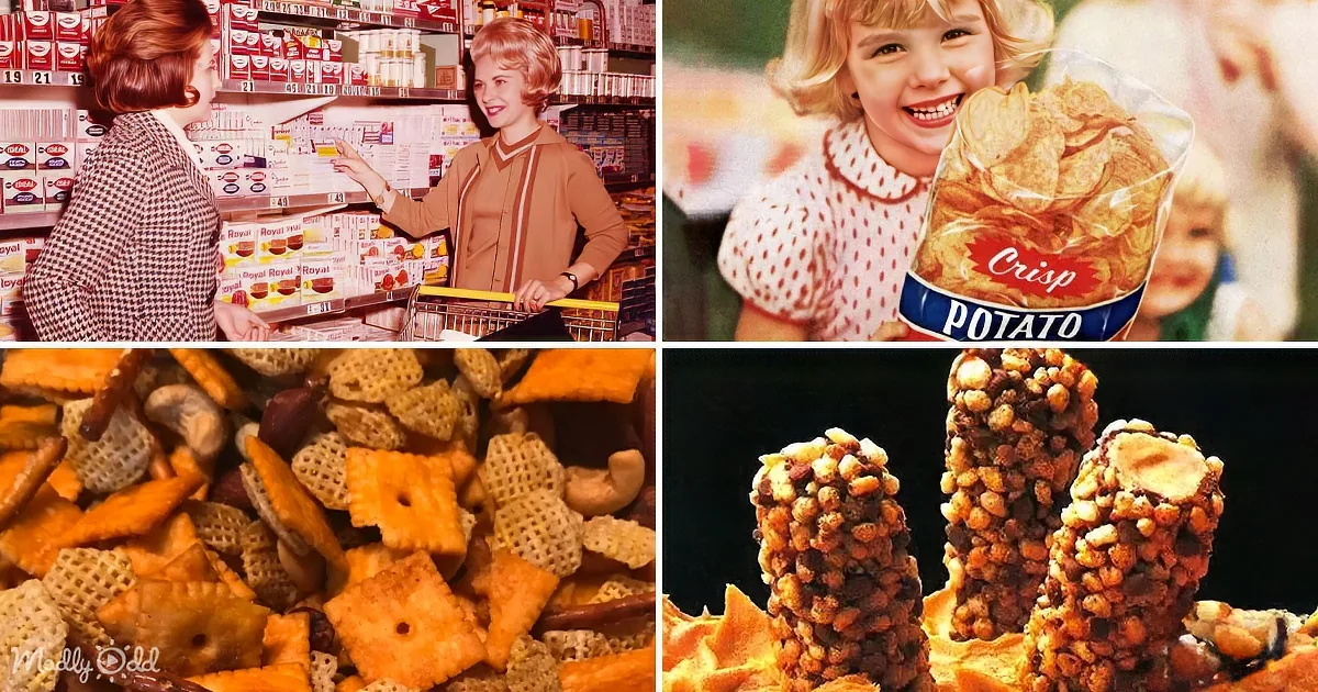 A vintage collage featuring people shopping, a child with chips, and close-ups of snack foods.