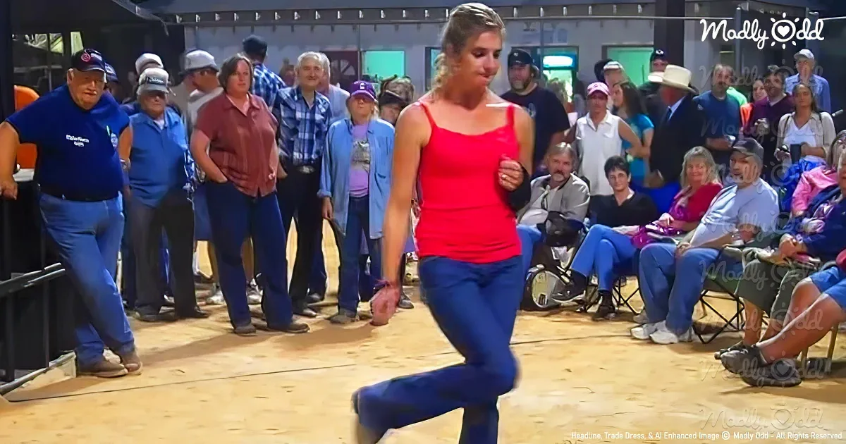 A woman in a red top dances energetically in front of a crowd at a social event.