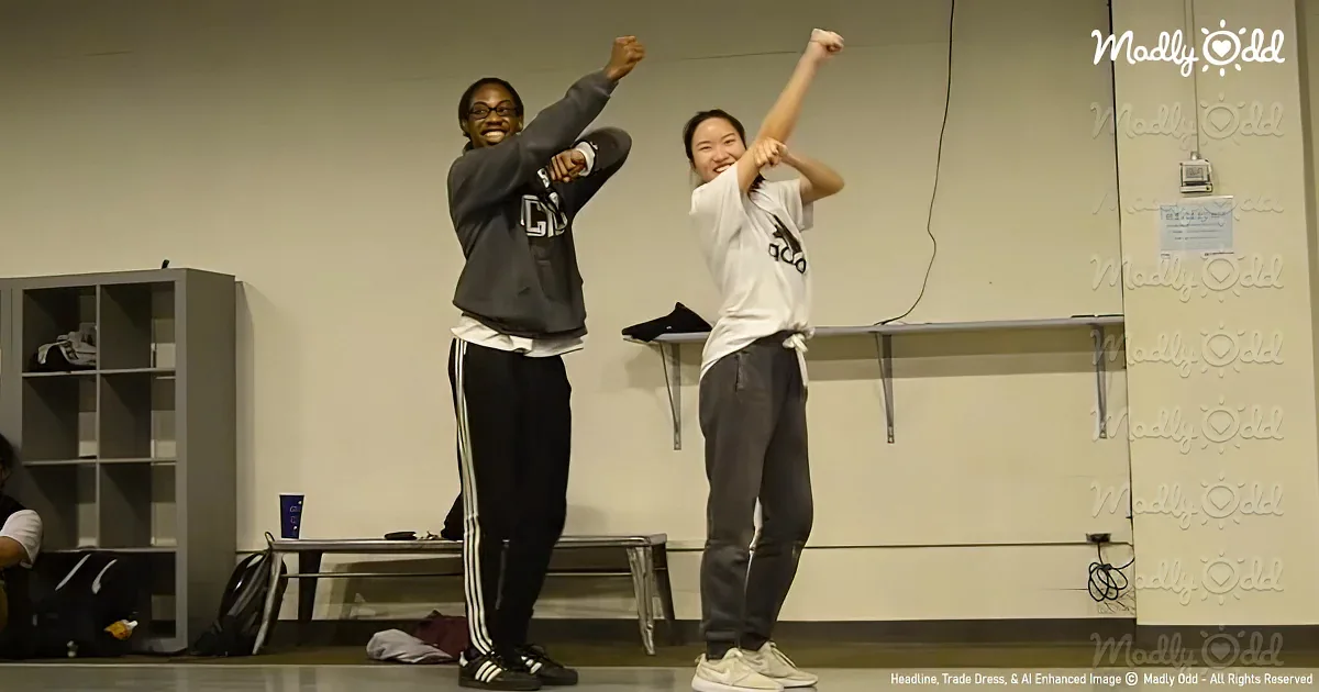 Two individuals are dancing with raised fists in a room with shelves and a bench.