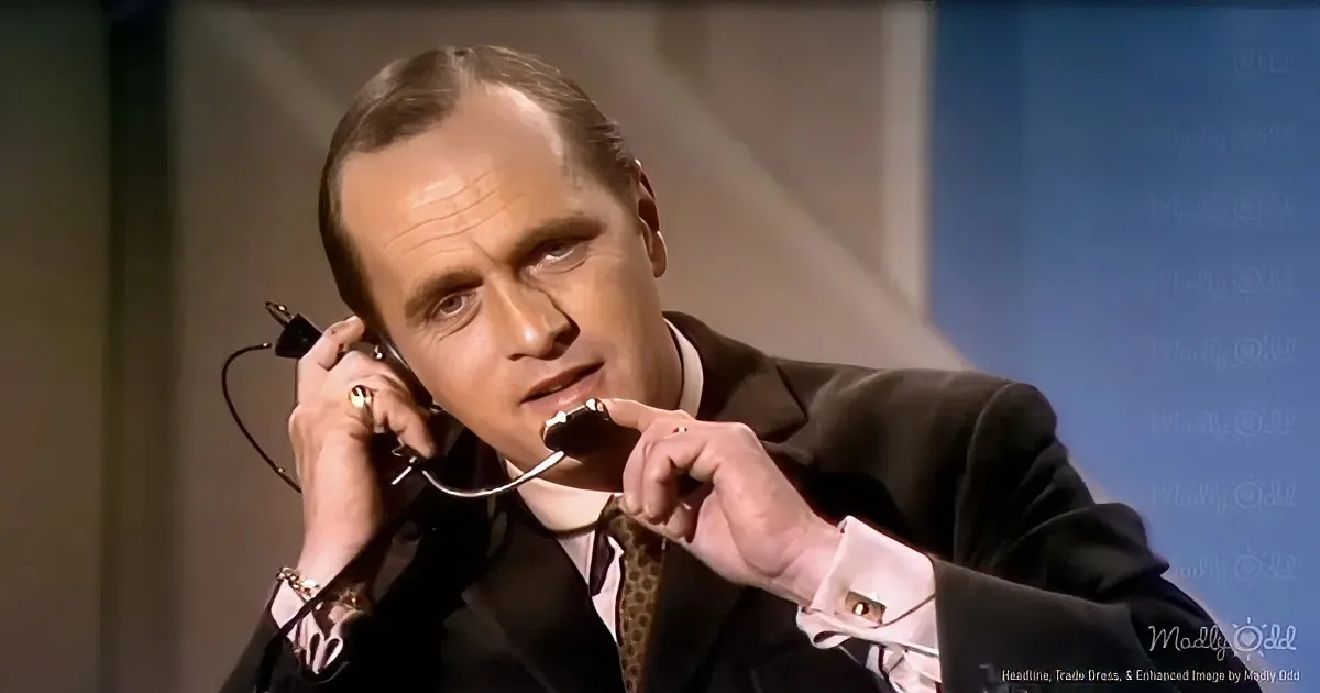 A man in a suit holds a telephone receiver to his ear with one hand and a stethoscope to his mouth with the other.