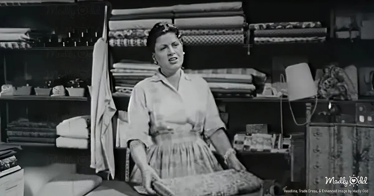 A woman in a vintage dress stands in a cluttered room, surrounded by fabric and household items.