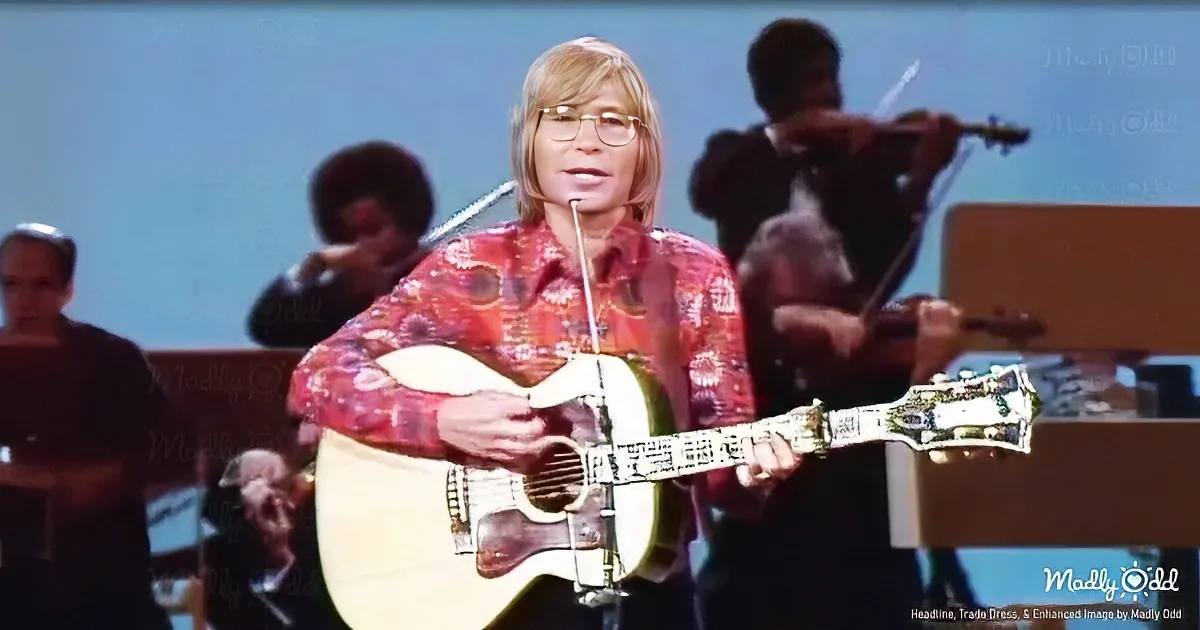 A person in a floral shirt plays an acoustic guitar on stage with a microphone.