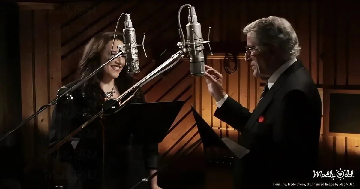 A man in a suit adjusts a microphone while a woman sings in a recording studio.