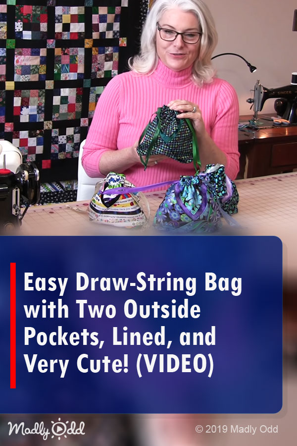Easy Draw-String Bag with Two Outside Pockets, Lined, and Very Cute! (VIDEO)