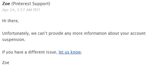 Pinterest suspended account support response.
