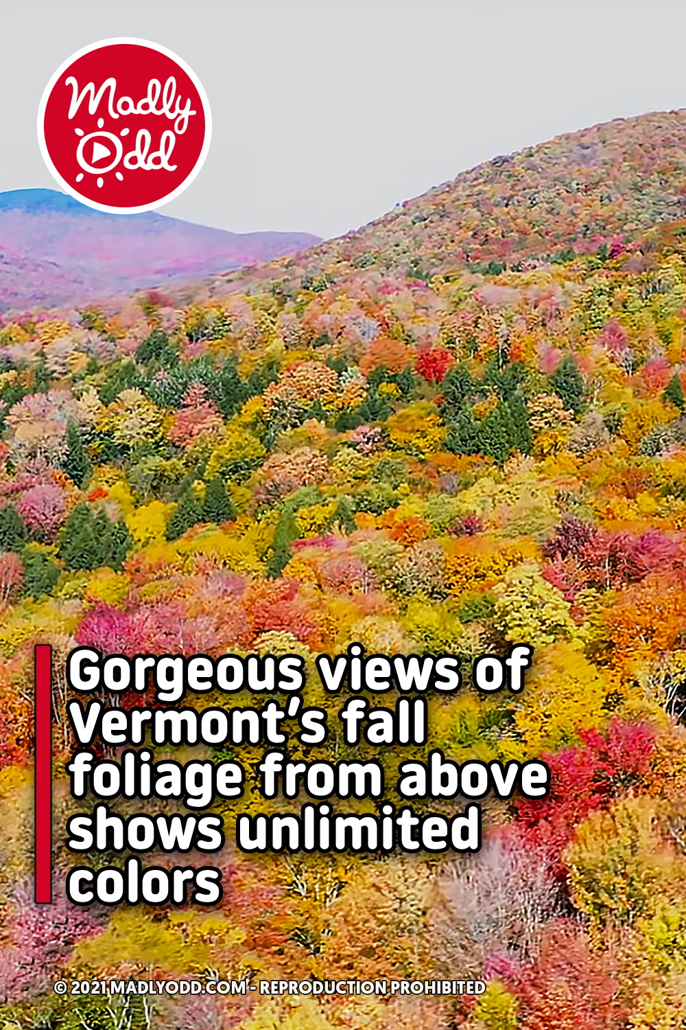 Gorgeous views of Vermont\'s fall foliage from above shows unlimited colors