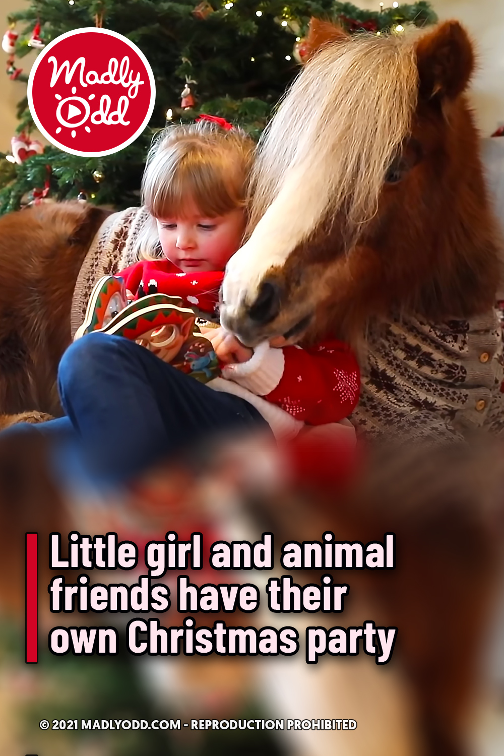 Little girl and animal friends have their own Christmas party