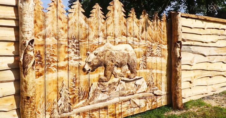 Wood carver create sculptures on wooden gates