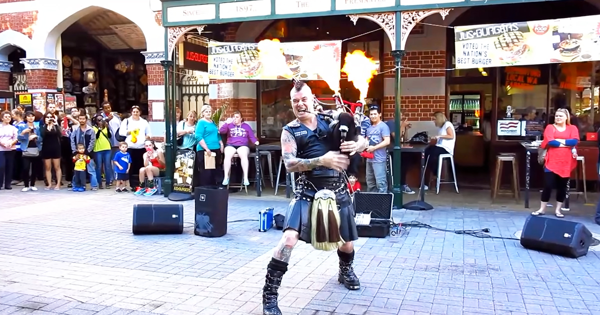 Bagpiper performs AC/DC’s ‘Thunderstruck,’ breathes fire through bagpipes