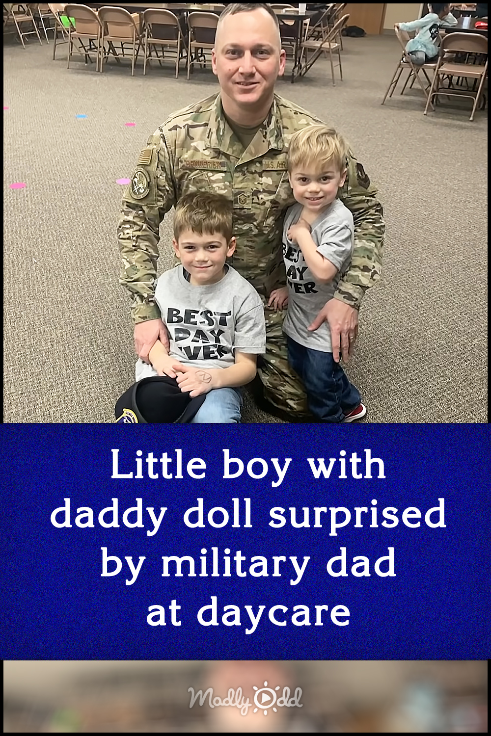 Little boy with daddy doll surprised by military dad at daycare