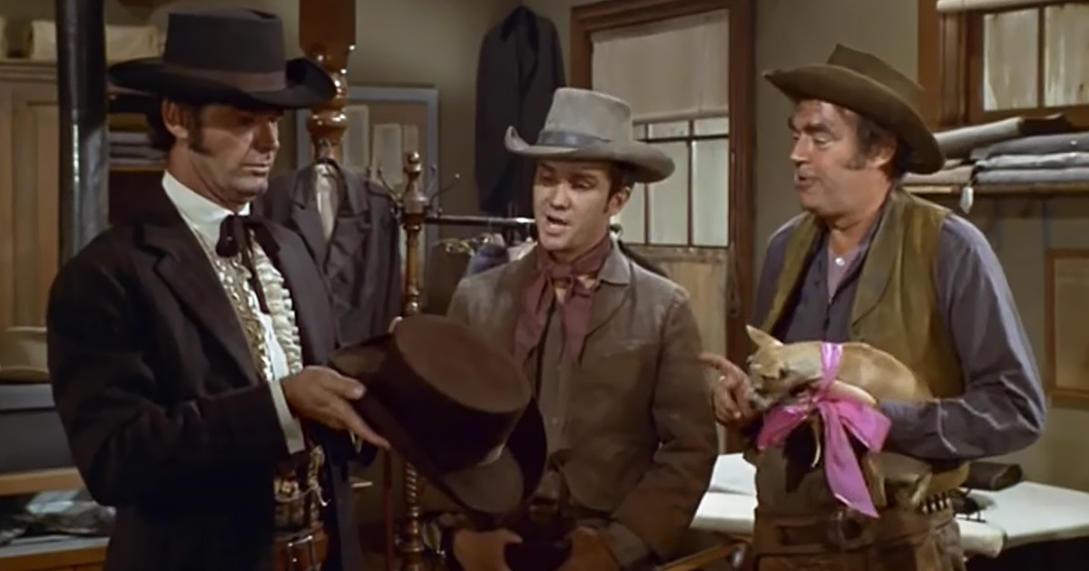 James Garner and Jack Elam with Miss Jenny and her dog in 'Support Your Local Gunfighter'