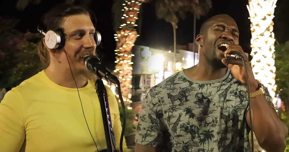 Busker and stranger singing