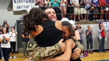 Military father surprises twin daughters
