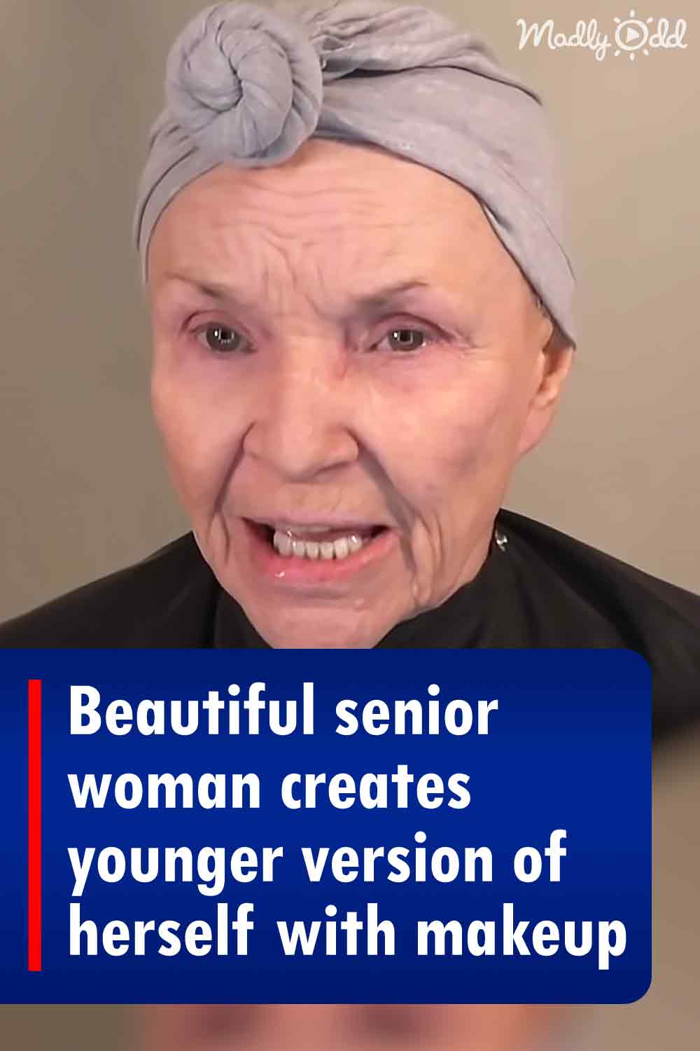 Beautiful senior woman creates younger version of herself with makeup