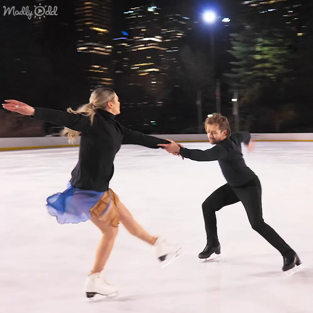 Close up of ice skates during Hawayek & Bakers routine