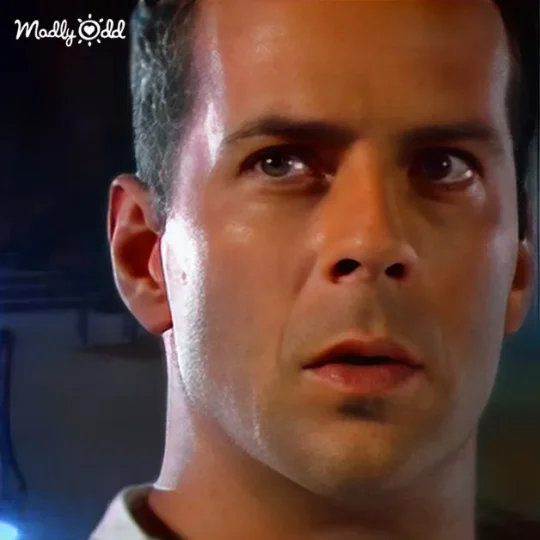 Bruce Willis in 80s outfit, posing confidently, capturing the era's vibe.