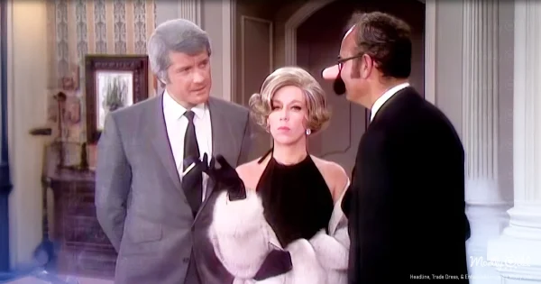 The scene captures Carol Burnett in a blonde wig, her expression stone-cold as she plays Barbara Bain&rsquo;s Cinnamon Carter. Flip Wilson, dressed as Geraldine, flirts outrageously with Greg Morris, who is barely containing his laughter.