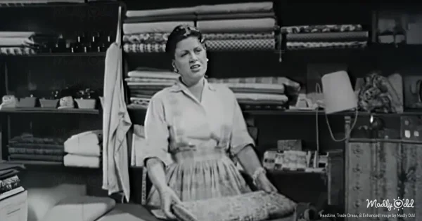 1950s country singer in dress folding fabric in vintage general store set