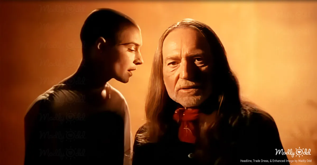 Willie Nelson and Sin&eacute;ad O'Connor singing together in a dimly lit recording studio