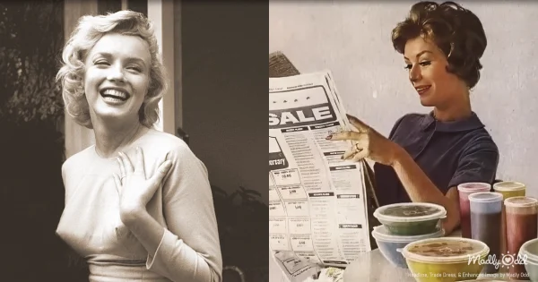 A black-and-white scene of a 1950s housewife opening her door to a sharp-suited Fuller Brush man holding a suitcase filled with brushes and cleaning supplies. In the background, her kitchen hosts a Tupperware party with women laughing around stacks of plastic containers.