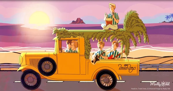 Retro 1960s animated style showing candy apple red hot rod sleigh against snowy California beach backdrop. Vibrant surf culture meets Christmas spirit with classic midcentury design elements and festive details.