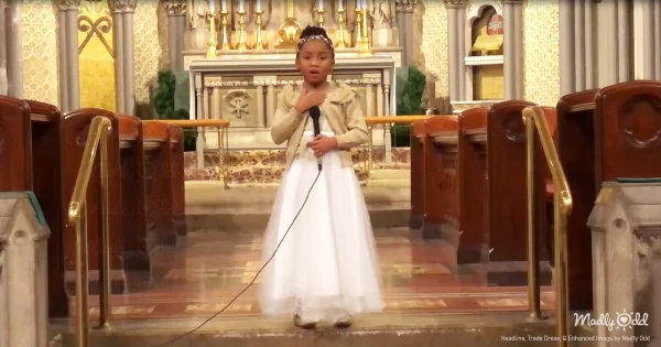 A six-year-old girl in a historic cathedral, dressed in a simple white gown, singing passionately under soft, warm lighting. The ambiance is serene, with intricate stained glass and towering arches framing her angelic performance.