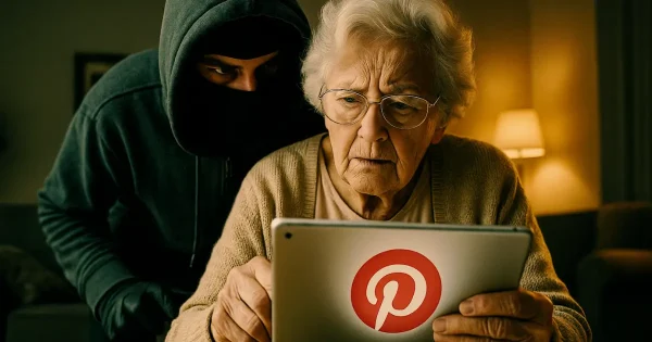 A senior with her iPad is on Pinterest and she becomes an identity theft victim during Pinterest ban.